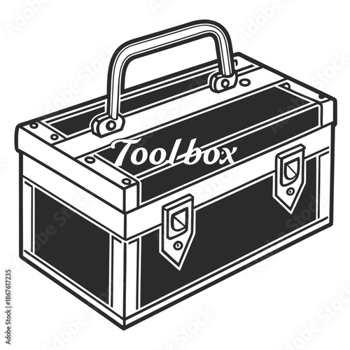 Closed toolbox with handle and latch on white background
