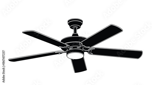 Black silhouette of a ceiling fan with five blades against a isolated on white background