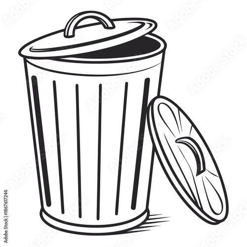 Black and white trash bin with open lid garbage can