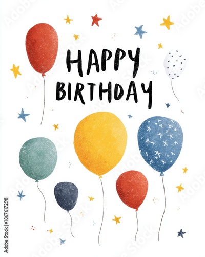 Happy Birthday Balloons with Colorful Stars Illustration