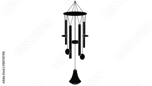 Black silhouette of a wind chime with cylindrical tubes and a tassel isolated on white background