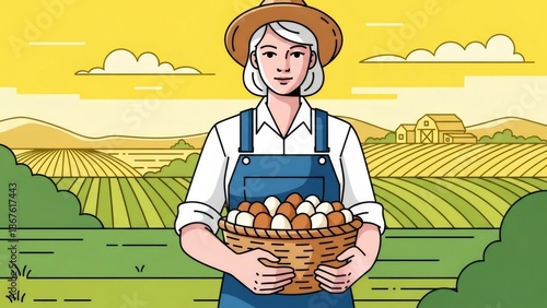 Woman farmer in straw hat holding a basket of fresh eggs with farmland and barn in background for organic farming concept.