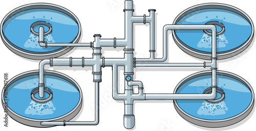 Water treatment plant with four circular tanks and intricate piping system.