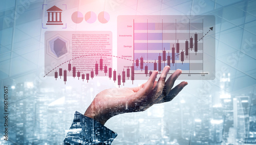 Bild auf Leinwand A hand displays financial growth metrics with charts and graphs, set against a vibrant city skyline, symbolizing the convergence of finance and technology, innovation, and economic development