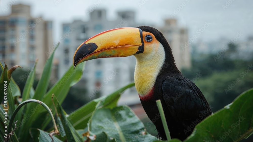 Obraz premium Tropical toucan bird perched among green leaves with city buildings in the background.