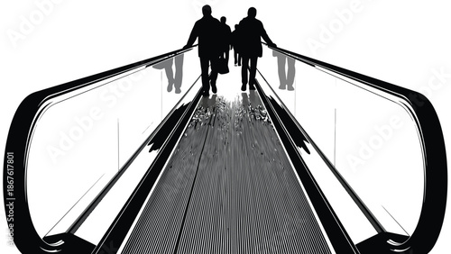 Silhouette of people walking on an escalator in a black and white cityscape isolated on white background