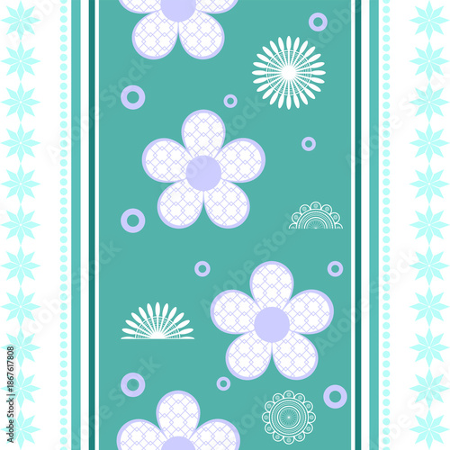Seamless blue floral vector pattern with spring flowers and nature elements for a decorative summer wallpaper design or holiday card illustration.wallpaper.Ethnic pattern,Native American tribal fabric