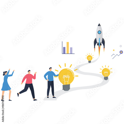 Flat vector style illustration of business leader placing lightbulbs on innovation trail with team walking toward startup rocket stock illustration