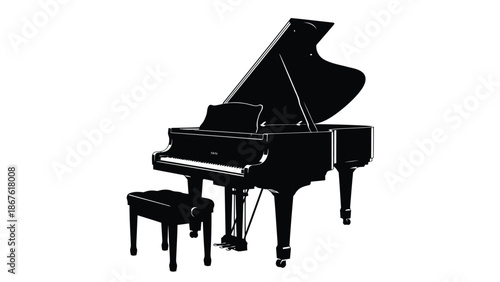 Black silhouette of a grand piano with bench isolated on white background