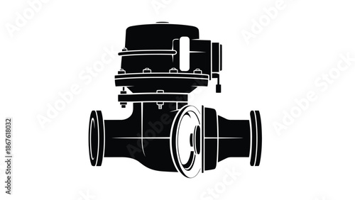 Black silhouette of industrial valve with round components isolated on white background