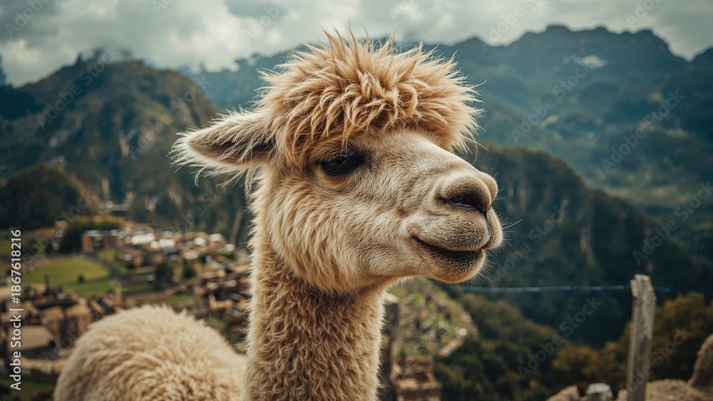 Obraz premium Close-up of an alpaca with mountainous landscape in the background. Countryside and nature scene. Livestock and farm animals. The image of an alpaca in a rural setting.