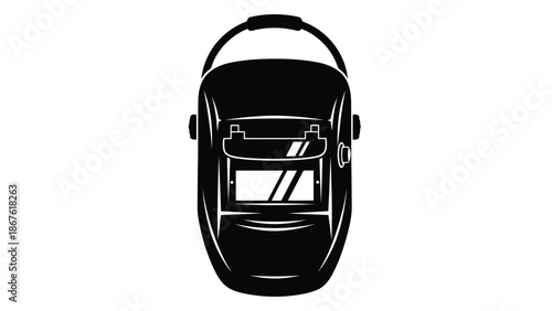 Black silhouette of a welding helmet with handle isolated on white background