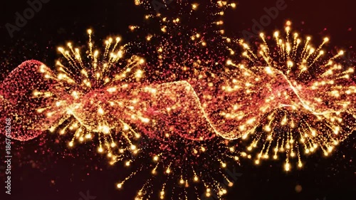 Abstract motion graphic loop of dynamic red and golden particles forming stylized festive patterns perfect for a holiday corporate background texture, light, geometric