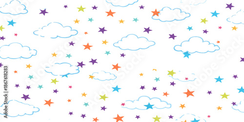 A seamless vector illustration of a birthday celebration featuring pink hearts, confetti, and balloons with party streamers in a decorative floral pattern for holiday wallpaper design