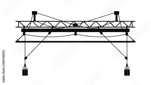 Black silhouette of industrial overhead crane with two hanging hooks isolated on white background