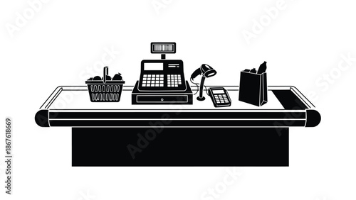 Black and white flat illustration of a cash register on a checkout counter with basket, lamp, and other office supplies isolated on white background