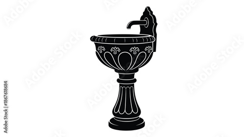 Black silhouette of ornate pedestal sink with faucet isolated on white background