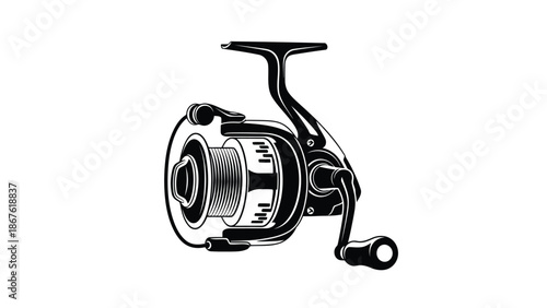Black spinning fishing reel silhouette isolated on white background