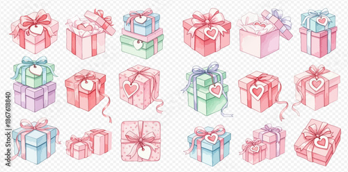 Watercolor gift boxes in various pastel colors with bows and heart tags, perfect for celebrations and special occasions.