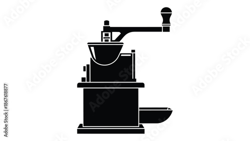 Black silhouette of a manual coffee grinder isolated on white background