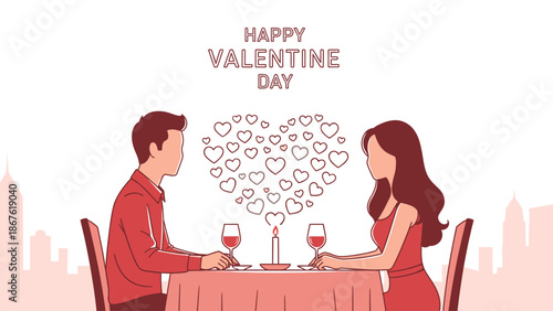 A charming illustration of a happy couple enjoying a romantic Valentines Day dinner date with a heart above them