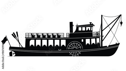 Black silhouette of a vintage steamboat against a isolated on white background