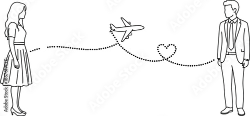 A couple in a longdistance relationship connected by love and an airplane journey forming a heart path