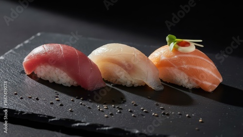 Three Nigiri Sushi Pieces with Tuna, Halibut, and Salmon on Black Slate Plate