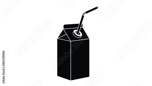 Black silhouette carton of milk with straw isolated on white background