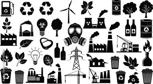 Environmental pollution and industry silhouette icon set with recycling energy factory waste power ecology vector illustration