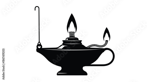 Minimalist silhouette of a genie lamp with two flames on a isolated on white background
