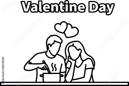 Charming line art illustration depicting a loving couple cooking a romantic dinner together for Valentines Day