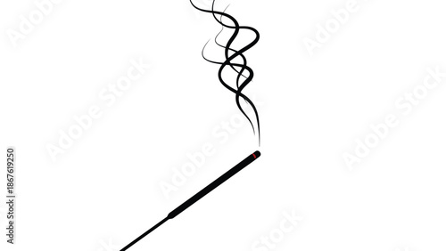 Black incense stick with rising smoke silhouette isolated on white background