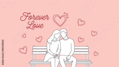 Cute minimalist line art illustration depicting a loving couple sitting closely together on a park bench surrounded by numerous floating hearts on a soft pink background perfect for romantic concepts