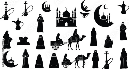 Islamic muslim women silhouette icon set with mosque crescent camel hookah arabic ramadan culture vector illustration