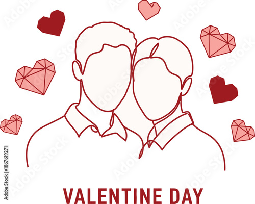 Continuous line drawing of a loving couple embracing among geometric hearts celebrating Valentines Day on a white background