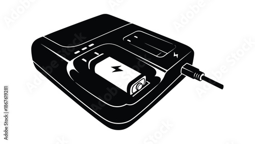 Black portable power bank with battery and charging cable vector flat design isolated on white background