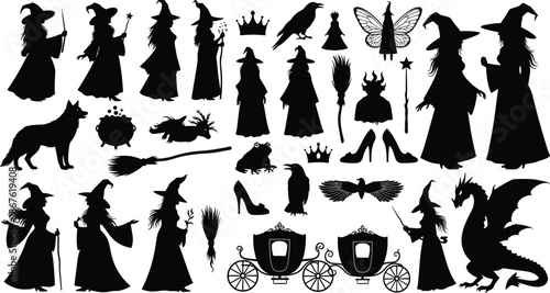 Mystical witch silhouette collection with magic wand broom raven crown fairy carriage dragon fantasy halloween vector illustration set