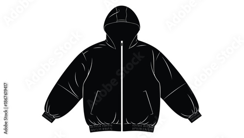 Black silhouette of a hooded jacket with zipper and pockets isolated on white background