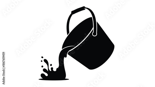 Black silhouette of a bucket pouring liquid on the ground isolated on white background