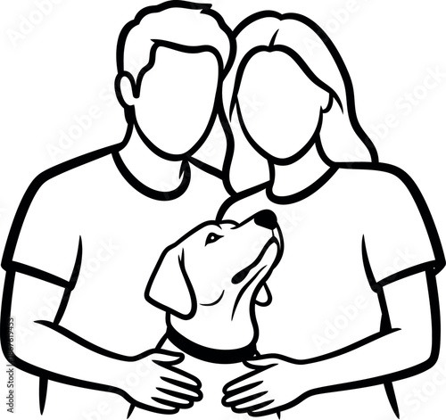 Happy couple lovingly embracing their loyal pet dog together in a heartwarming black and white line art illustration vector graphic