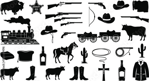 Wild west cowboy silhouette icon set with sheriff gun horse train cattle western vintage vector illustration collection