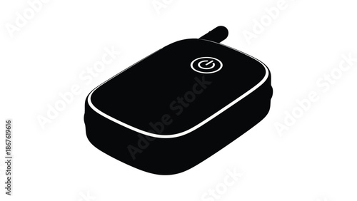 Black rectangular device silhouette with white outline and power symbol on top isolated on white background