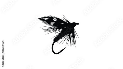 Black silhouette of a fishing fly isolated on white background