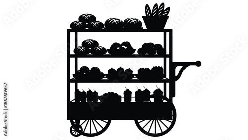 Black silhouette of a three-tiered food cart with various desserts and a plant on a isolated on white background