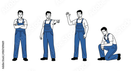 Four illustrations of a worker in blue overalls in various poses