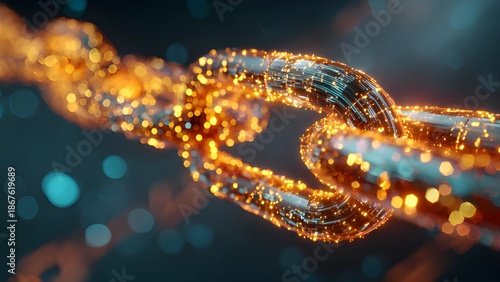 Digitize interconnected AI automation chain links innovative, data security technology, authenticity,. Access metal chain with glowing digital data, self exercuting, networking blockchain technology.