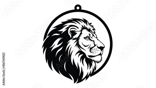 Black and white lion head logo icon symbol in circular shape with minimalist flat vector design isolated on white background