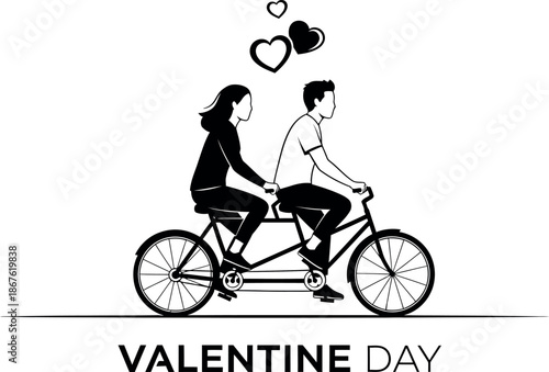 Romantic couple riding a tandem bicycle with flying hearts celebrating love and Valentines Day together