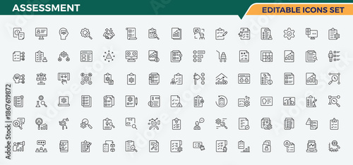 Assessment line icon set. Outline icons in linear style. Graph icon. It contains symbols to research, finance, document, magnify, check and more.